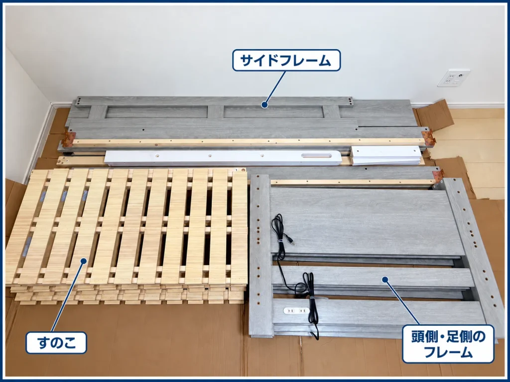 開梱して並べた二段ベッドの部品。すのこ、サイドフレーム、頭側・足側のフレーム